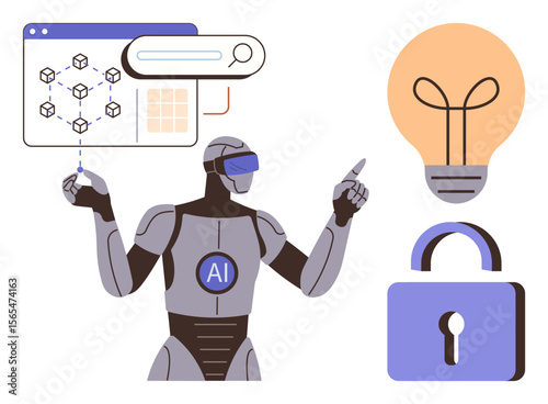 Humanoid AI robot engaging with data nodes, search interface, light bulb for creativity, and a security padlock. Ideal for artificial intelligence, innovation, technology, cybersecurity, creativity
