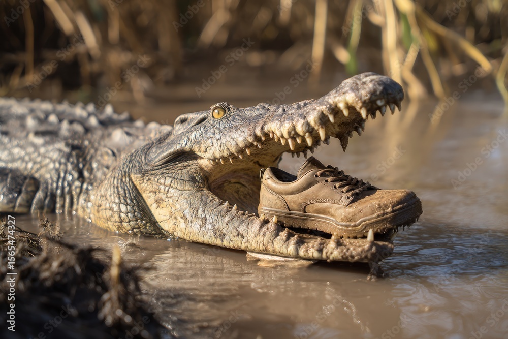 Fototapeta premium Crocodile with a sneaker in its mouth near a muddy riverbank during daylight