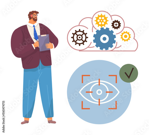 Businessman holding clipboard beside gears in a cloud and biometric visual recognition icon with a checkmark. Ideal for teamwork, analysis, strategy, technology, data, innovation, security. Simple