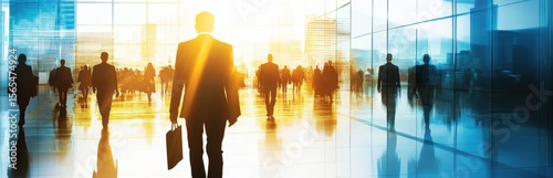 A vibrant scene depicting business professionals walking through a modern office lobby illuminated by sunlight. The reflections and silhouettes create a dynamic atmosphere of corporate life.