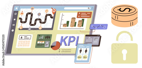 Digital data analytics dashboard featuring KPIs, financial growth charts, mobile statistics, and secure icons. Ideal for business analysis, finance, data security, monitoring, growth strategy