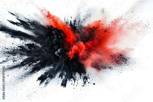 bright red and black paint color powder festival explosion burst isolated white background. 