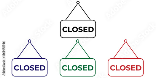 Flat minimalist closed banner icon in outline style, vector EPS 10 format. Depicts a hanging sign or ribbon labeled "closed," ideal for business graphics, storefront indicators, digital notices.
