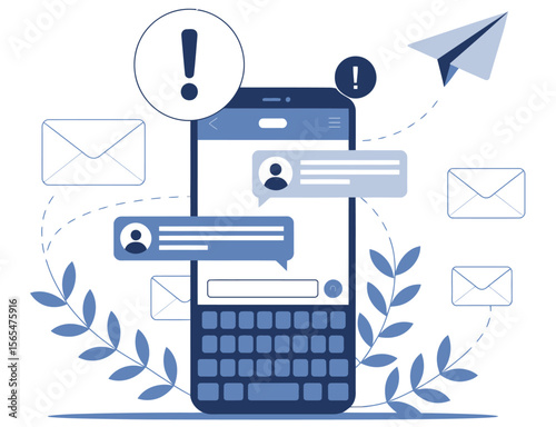 mobile communication illustration with smartphone, chat bubbles, email, paper airplane, and notification icons in blue and white colors