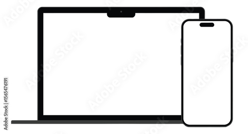 Minimalist laptop and smartphone with blank screens for showcasing apps, websites, digital content, and device mockups on white background