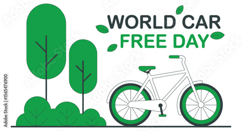 World Car Free Day illustration featuring a white bicycle and green trees promoting eco-friendly transportation and clean air awareness