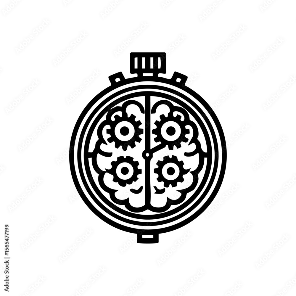 Fototapeta premium Minimalist vector logo of a brain with gears inside a stopwatch, symbolizing mental processing, productivity, time management, and cognitive efficiency.