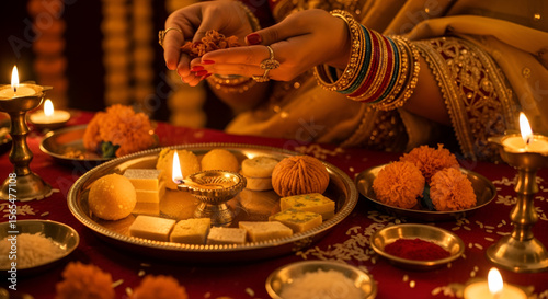 Traditional Indian Woman Performing Pooja with Diya Sweets Marigold Flowers for Raksha Bandhan Diwali Navratri Dussehra Holi Festival Celebration Rituals