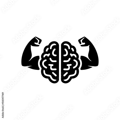 Vector logo of a brain with flexed muscular arms, symbolizing the power of mental strength and intelligence through physical metaphor.

