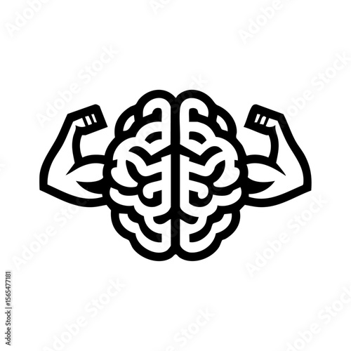 Outlined vector illustration of a brain with muscular arms flexing, representing strong intellect and mental toughness in a clean minimal design.

