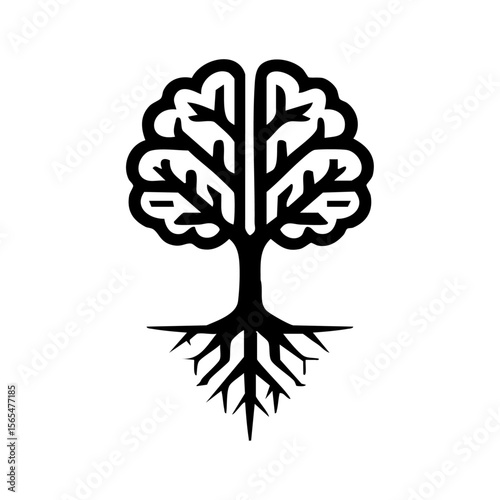 Vector icon of a brain growing upward like a tree with roots, symbolizing deep knowledge, intellectual growth, and grounded wisdom.

