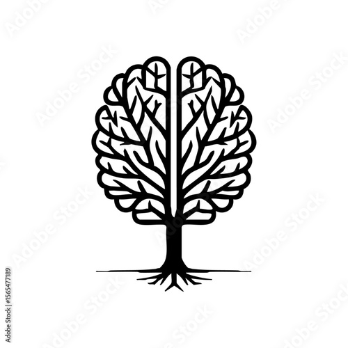 Stylized vector logo of a fully developed tree shaped like a brain, representing mature thinking, creativity, and deeply rooted knowledge.

