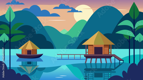 Serene Lakeside Cottages Tranquil Sunset Landscape Illustration