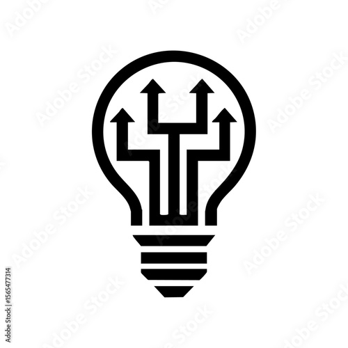 Minimal vector icon of a lightbulb with diverging arrows, symbolizing innovation, decision-making, direction, and creative possibilities.

