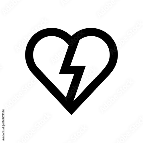 Minimalist black vector icon of a broken heart with a lightning bolt crack, symbolizing heartbreak, conflict, or emotional shock.
