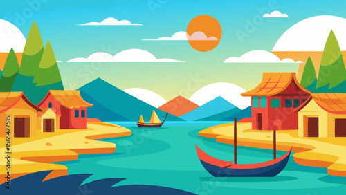 A tranquil summer seascape with a boat on the shimmering water, under a clear sky with a distant tropical island