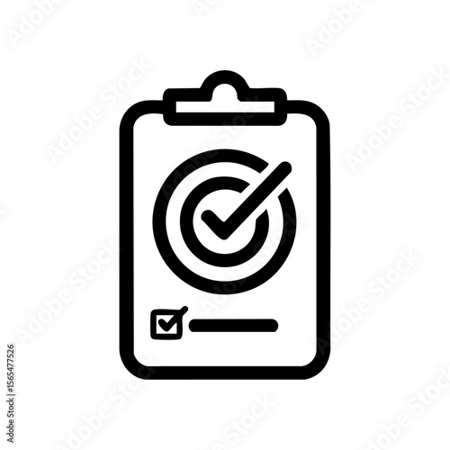 Minimalist icon of a checklist clipboard with a target and check mark, representing productivity, goals, and task completion.
