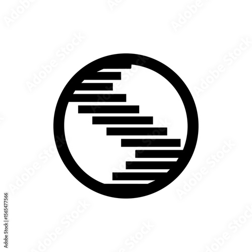 A stylized spiral staircase rising diagonally within a circular frame, representing growth, development, ascension, or long-term vision.

