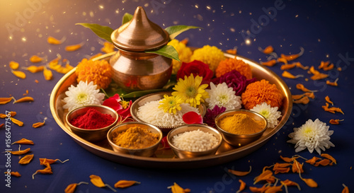 Traditional Indian Pooja Thali with Rice Kumkum Turmeric Flowers and Kalash for Diwali Navratri Holi Dussehra Raksha Bandhan Festival Celebration Decoration, 
