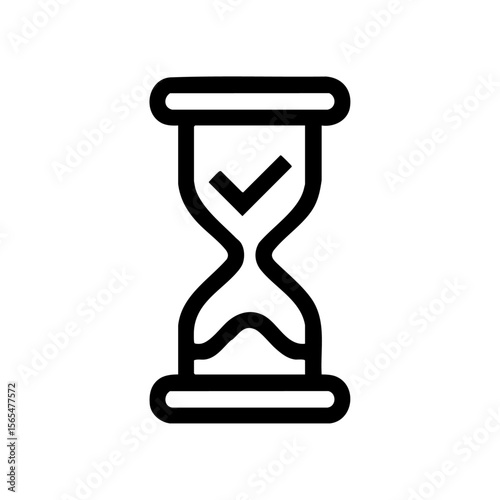 A minimalist black hourglass with a checkmark symbol inside, representing time management, deadlines, patience, or task completion.


