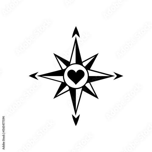 Compass rose icon with a heart in the center, symbolizing love as a guiding force, direction, and emotional navigation.