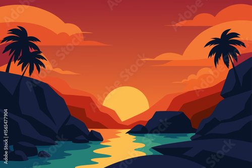 Fiery Sunset Landscape Tropical Paradise River Valley at Dusk