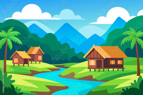 Rural summer landscape with a cartoon house, green trees, and distant mountains under a blue sky