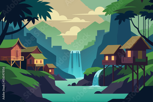 Landscape illustrations of homes, villages, or towns nestled by rivers, lakes, or mountains, featuring diverse architecture, trees, and skies