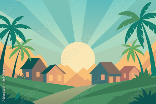 Palm trees create a vibrant summer landscape, illustrating the blend of nature and architecture in a sunny village or bustling city