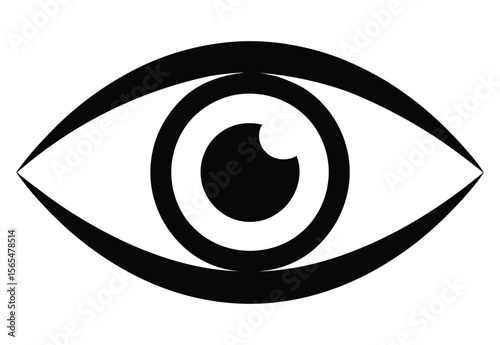 minimalist abstract black and white eye icon with circular pupil and stylized shape for vision, surveillance, monitoring and awareness concepts