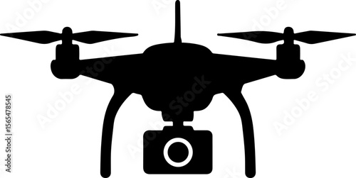 Black silhouette of a drone with a camera against a light gray background