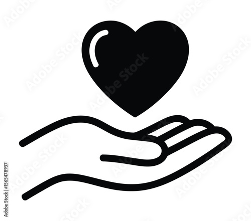 Minimalist black and white vector of hand holding heart icon, symbolizing love, care, support, charity, compassion, and giving