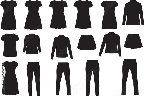 A comprehensive set of diverse black silhouette icons representing various women's clothing items, including dresses, shirts, skirts, and pants, ideal for fashion and retail designs