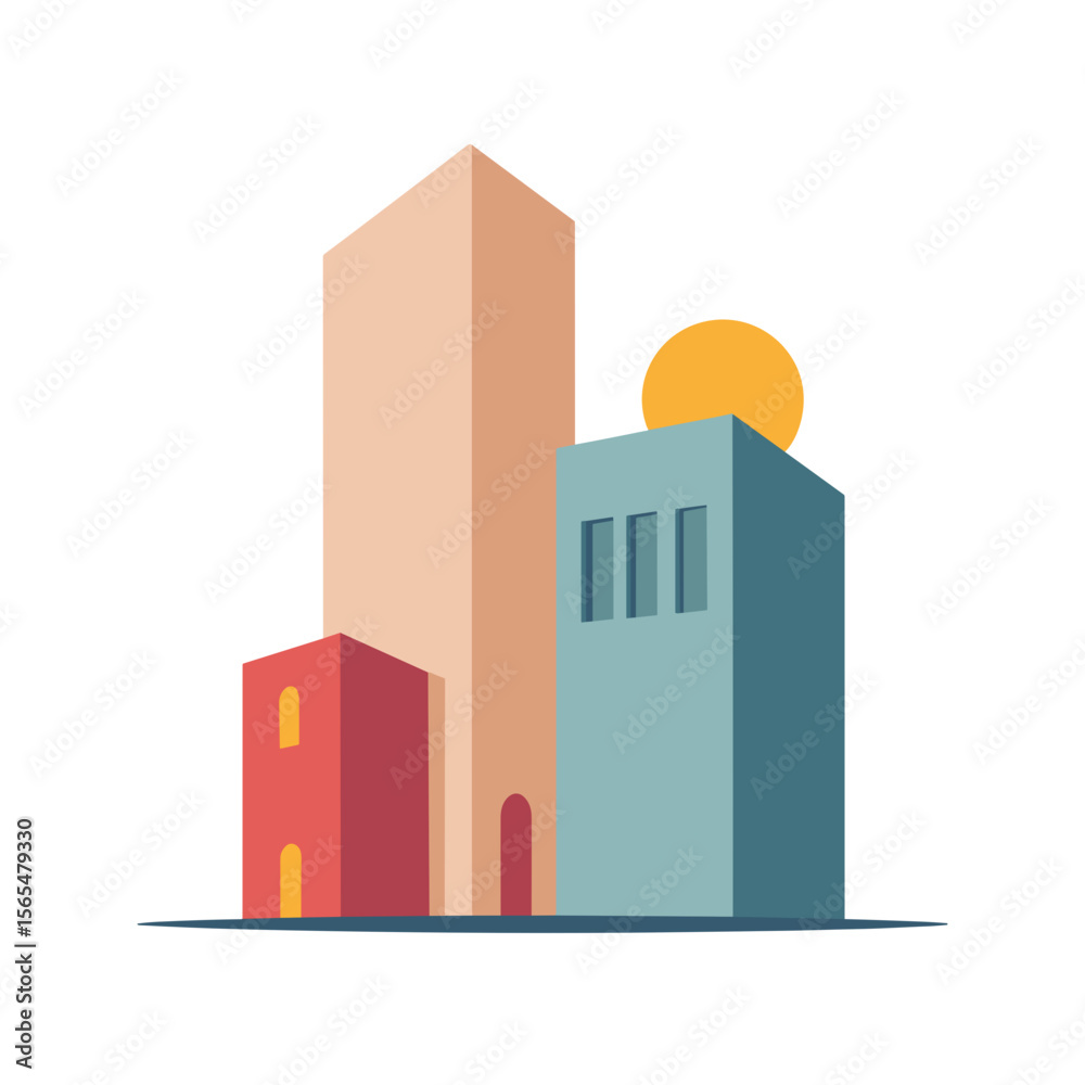 Naklejka premium Abstract cityscape with geometric buildings and sun illustration 