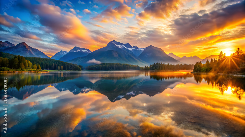 Fototapeta premium Sunrise over calm lake with mountain reflection