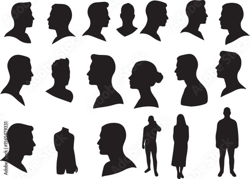 A diverse collection of human head and full-body silhouettes, showcasing various profiles and genders, perfect for user avatars, social media, anonymity, identity, and demographic representations
