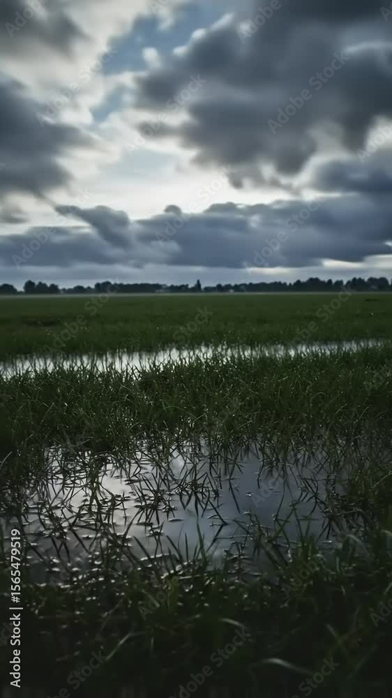 Serene landscape of lush green rice fields under a dramatic cloudy sky reflecting in water Serene landscape of lush green rice fields under a dramatic cloudy sky reflecting in water