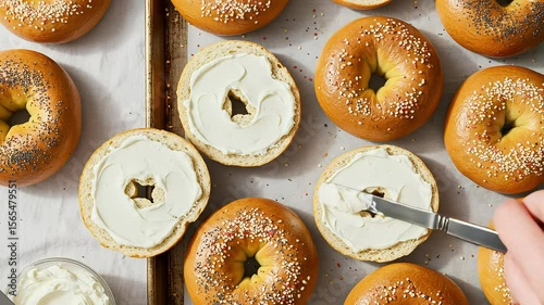 Close Up Of Hand Spreading Cream Cheese On Sliced Bagel On Baking Sheet