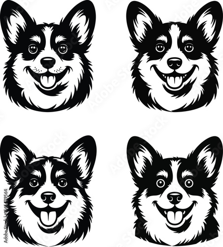 Happy Corgi Silhouette Dog Face Vector illustration in a set