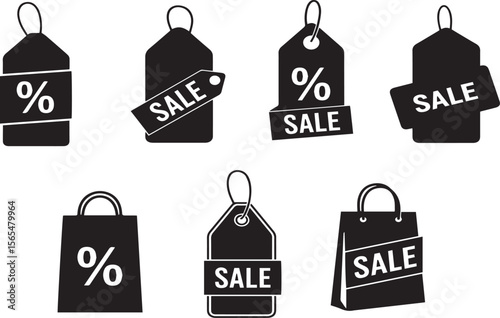 Collection of diverse black sale tags and shopping bags with percentage and "SALE" text, perfect for e-commerce, promotions, discounts, and retail advertising campaigns