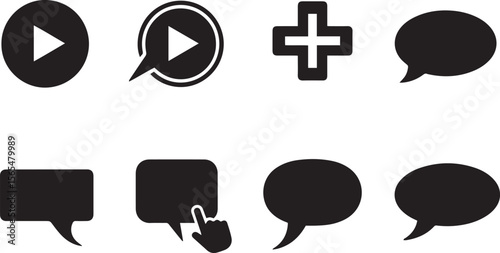 A diverse collection of eight black silhouette icons, featuring play buttons, a plus sign, and various speech bubbles, ideal for user interface design and digital communication