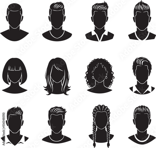 A diverse collection of twelve black silhouette avatars depicting various male and female headshots with different hairstyles, perfect for user profiles or anonymous representations