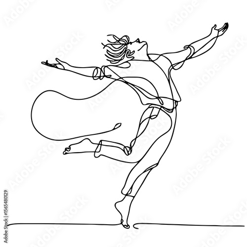 Carefree Mirth — ecstatic man in elegant theatrical pose, expressing boundless joy through minimalist single black line drawing. One line art.