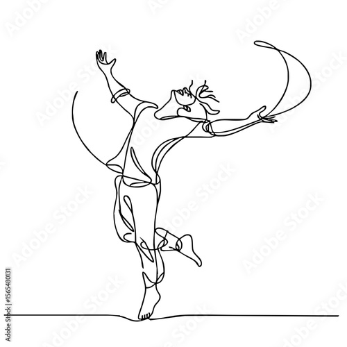 Carefree Mirth — ecstatic man in elegant theatrical pose, expressing boundless joy through minimalist single black line drawing. One line art.