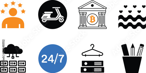 Vector icons set with rating stars scooter bitcoin bank hearts cloud server support hanger and stationery 