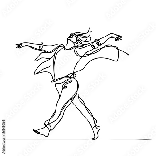 Carefree Mirth — ecstatic man in elegant theatrical pose, expressing boundless joy through minimalist single black line drawing. One line art.