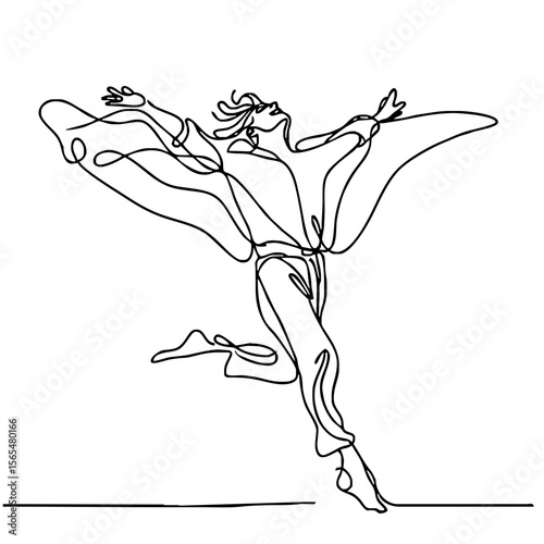 Carefree Mirth — ecstatic man in elegant theatrical pose, expressing boundless joy through minimalist single black line drawing. One line art.