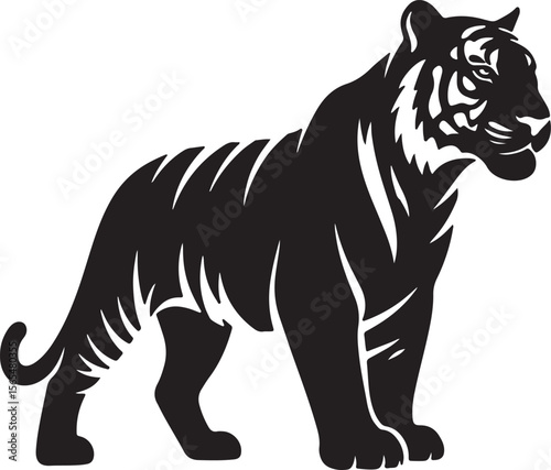 A bold, striking black and white silhouette of a majestic tiger standing, showcasing its powerful form and distinctive stripes, ideal for themes of strength, wildlife, and nature