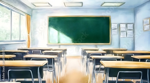 empty classroom with big green chalkboard, tables and chairs. Back to School Cartoon or Japanese anime watercolor painting illustration style. 