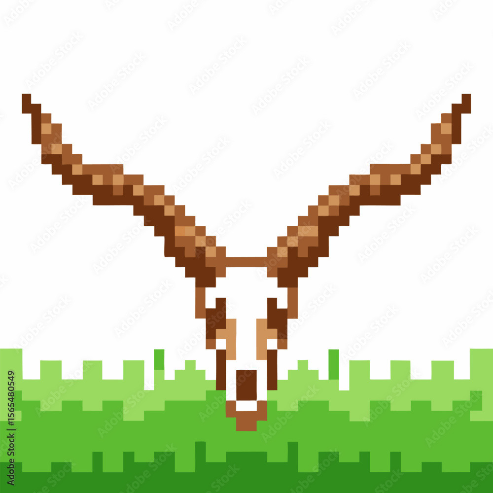 Fototapeta premium Pixel antelope head with curved horns above green grass retro video game animal face, digital 8 bit illustration